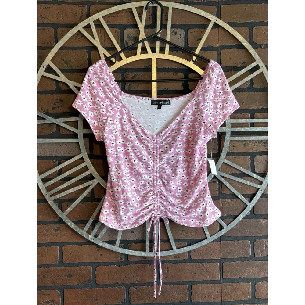 Women's Derek Heart Daisy Floral Ruched Front Top Pink Size XL